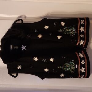 Black Christmas Tree Vest Embellished Holiday Sweater Vest M. Full Zip